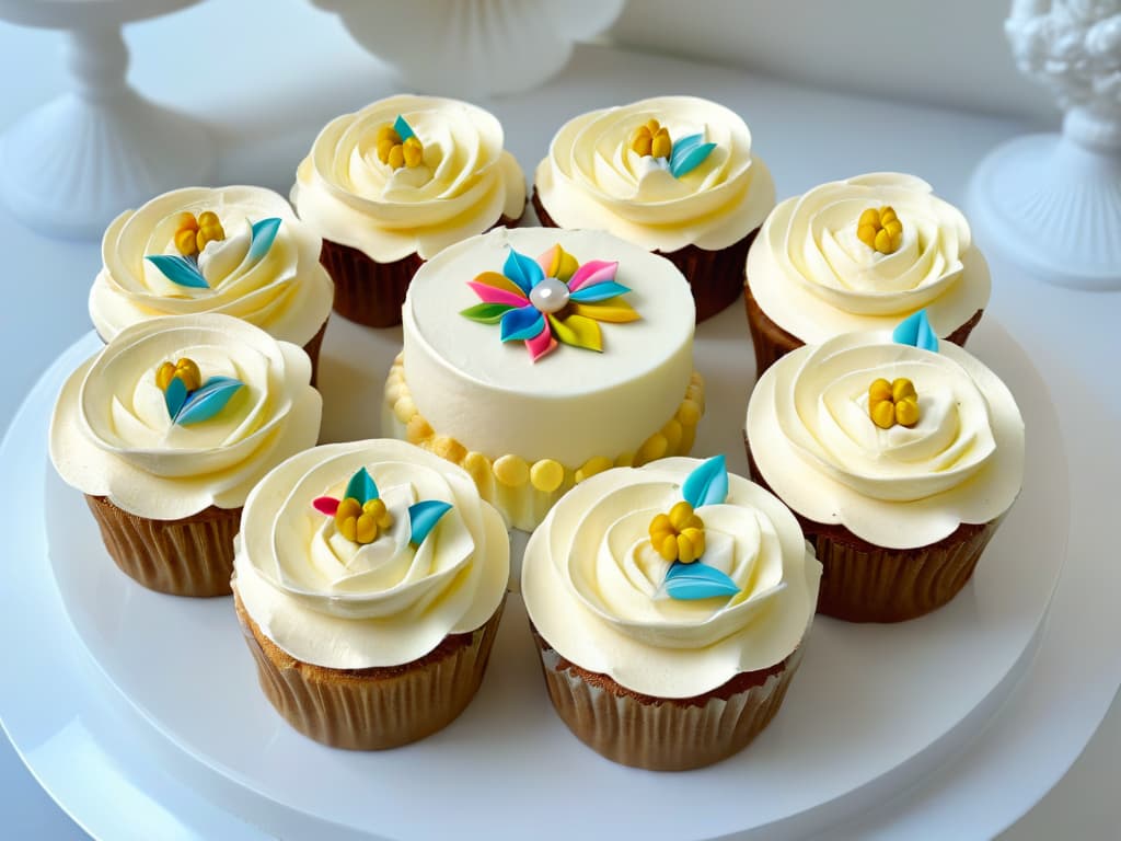  A closeup, ultrahigh resolution image showcasing an array of meticulously decorated cupcakes in pastel colors, each topped with intricate swirls of buttercream frosting, delicate sugar flowers, and shimmering edible pearls. The cupcakes are artfully arranged on a sleek, modern marble platter, creating a visually stunning and appetizing display that is both elegant and inviting. The focus is on the exquisite details of the decorations, highlighting the craftsmanship and creativity involved in the art of pastrymaking. hyperrealistic, full body, detailed clothing, highly detailed, cinematic lighting, stunningly beautiful, intricate, sharp focus, f/1. 8, 85mm, (centered image composition), (professionally color graded), ((bright soft diffused light)), volumetric fog, trending on instagram, trending on tumblr, HDR 4K, 8K