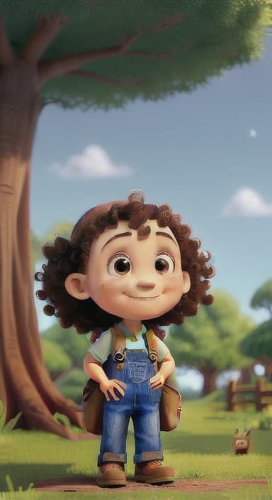  {The tree with a smiling face formed by its bark, looking down at Riley., Riley, a curious with big brown eyes and curly hair, wearing overalls and carrying a small backpack. Their friend, Skye, a bluebird with shiny feathers.