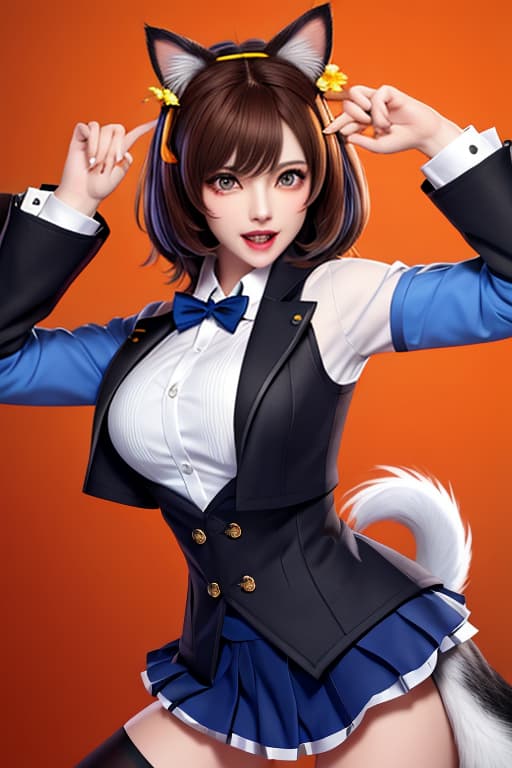  masterpiece, best quality, 1, solo, animal ears, bow, teeth, jacket, tail, open mouth, brown hair, orange background, bowtie, orange nails, simple background, cat ears, orange eyes, blue bow, animal ear fluff, cat tail, looking at viewer, upper body, shirt, uniform, hood, striped bow, striped, white shirt, black jacket, blue bowtie, fingernails, long sleeves, cat , bangs, fangs, collared shirt, striped bowtie, short hair, tongue, hoodie, sharp teeth, facial mark, claw pose hyperrealistic, full body, detailed clothing, highly detailed, cinematic lighting, stunningly beautiful, intricate, sharp focus, f/1. 8, 85mm, (centered image composition), (professionally color graded), ((bright soft diffused light)), volumetric fog, trending on instagram, trending on tumblr, HDR 4K, 8K