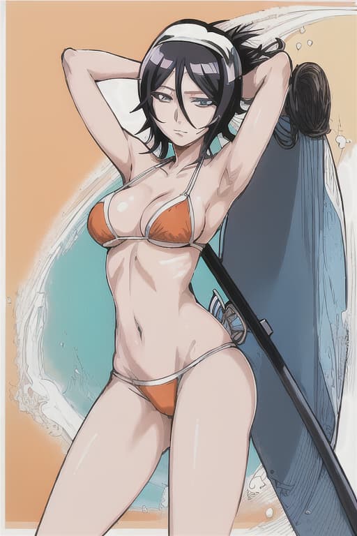  ((((detailed illustration of Rukia Kuchiki from Bleach)))), (((1 woman))), (((solo))), (((single drawing))), (((solo person))), highres, absurdres, laughing, neat teeth, hands behind head, exposed armpits, armpit hair, small breasts, short black hair, fine detail, masterpiece, looking at viewer, full body, ((happy expression)), (((day at the beach))), violet eyes, ((perfect eyes)), ((((highly detailed eyes)))), shiny lens, good anatomy, best quality, sunshine, tropcal background, (orange bikini), nice hands, detailed facial expressions, detailed nose, detailed hair, detailed mouth, professional art style, expressive eyes, high resolution, high quality image, 4K, HD