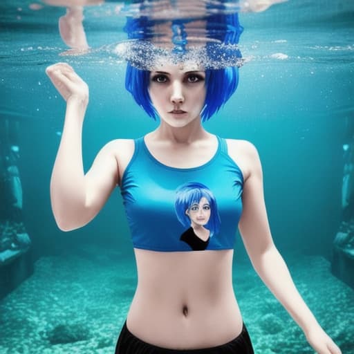  woman under water with short blue hair no reaction t-shirt and pant