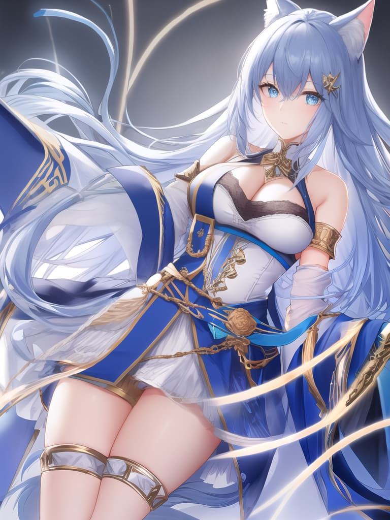  White background. A woman, her left eye is blue, and her right eye is golden. Her eyes are big and innocent-looking. Her hair is a deep Klein blue, and she has long hair. She has cat ears and a cat tail. She is wearing clothes in shades of blue, with some metallic decorations. She is wearing a bell collar, arm and leg bands. She is very cute, with a hint of allure. hyperrealistic, full body, detailed clothing, highly detailed, cinematic lighting, stunningly beautiful, intricate, sharp focus, f/1. 8, 85mm, (centered image composition), (professionally color graded), ((bright soft diffused light)), volumetric fog, trending on instagram, trending on tumblr, HDR 4K, 8K