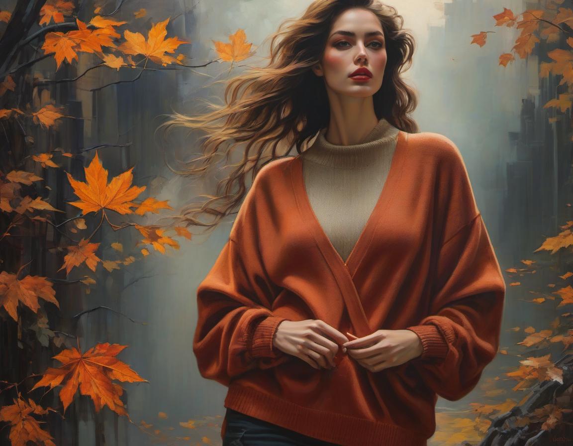  surrealist art Sweater . Oil painting by Malcolm Liepke. autumn colors, cozy oversized sweater, flowing hair, intricate details, rich textures, masterful use of light and shadow, contemporary art . dreamlike, mysterious, , symbolic, intricate, detailed hyperrealistic, full body, detailed clothing, highly detailed, cinematic lighting, stunningly beautiful, intricate, sharp focus, f/1. 8, 85mm, (centered image composition), (professionally color graded), ((bright soft diffused light)), volumetric fog, trending on instagram, trending on tumblr, HDR 4K, 8K