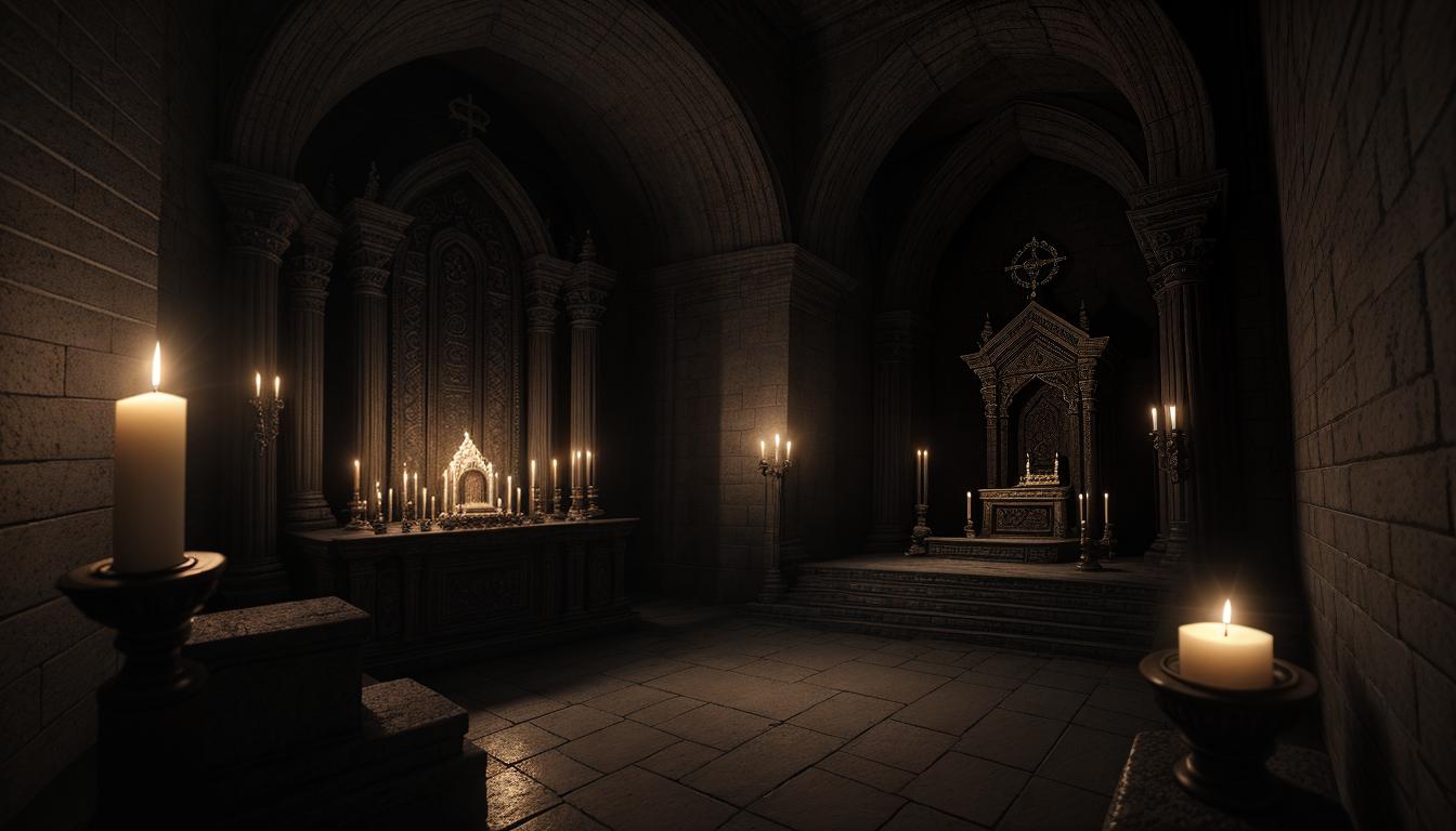  cinematic, aesthetic, A sacrificial altar with a heart on it, heart detailed with veins and lifelike texture, altar adorned with candles and intricate carvings, sense of loss and sacrifice, giving up self for others, ornate and somber, 4k, HDR, lens flare