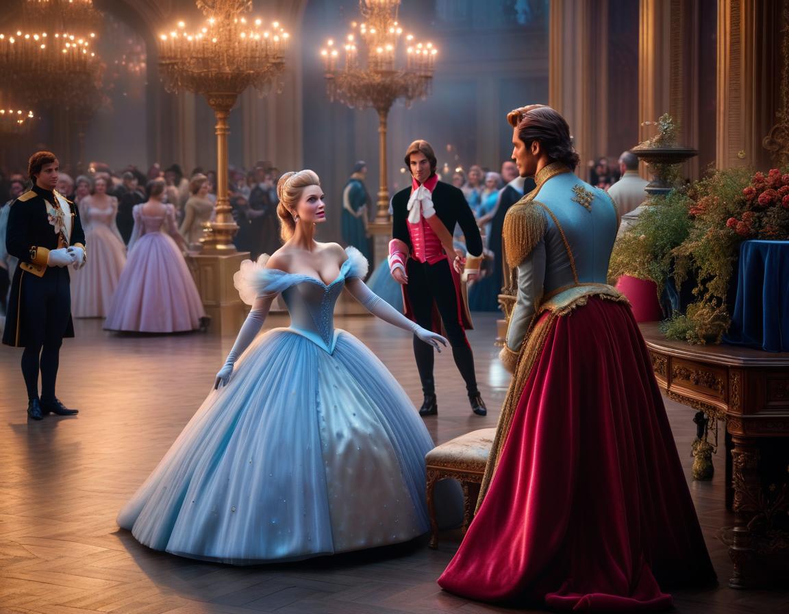  Cinderella met the prince at the ball hyperrealistic, full body, detailed clothing, highly detailed, cinematic lighting, stunningly beautiful, intricate, sharp focus, f/1. 8, 85mm, (centered image composition), (professionally color graded), ((bright soft diffused light)), volumetric fog, trending on instagram, trending on tumblr, HDR 4K, 8K