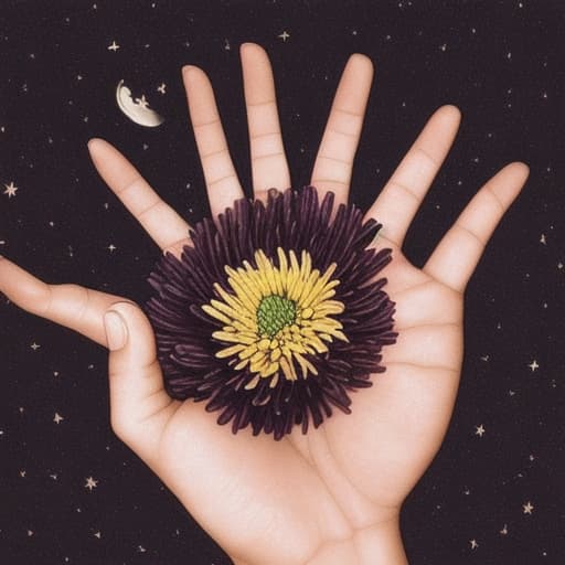  in the outstretched hand is a chrysanthemum flower. night. moon. stars. the clouds. pain. a broken heart. an obsession.