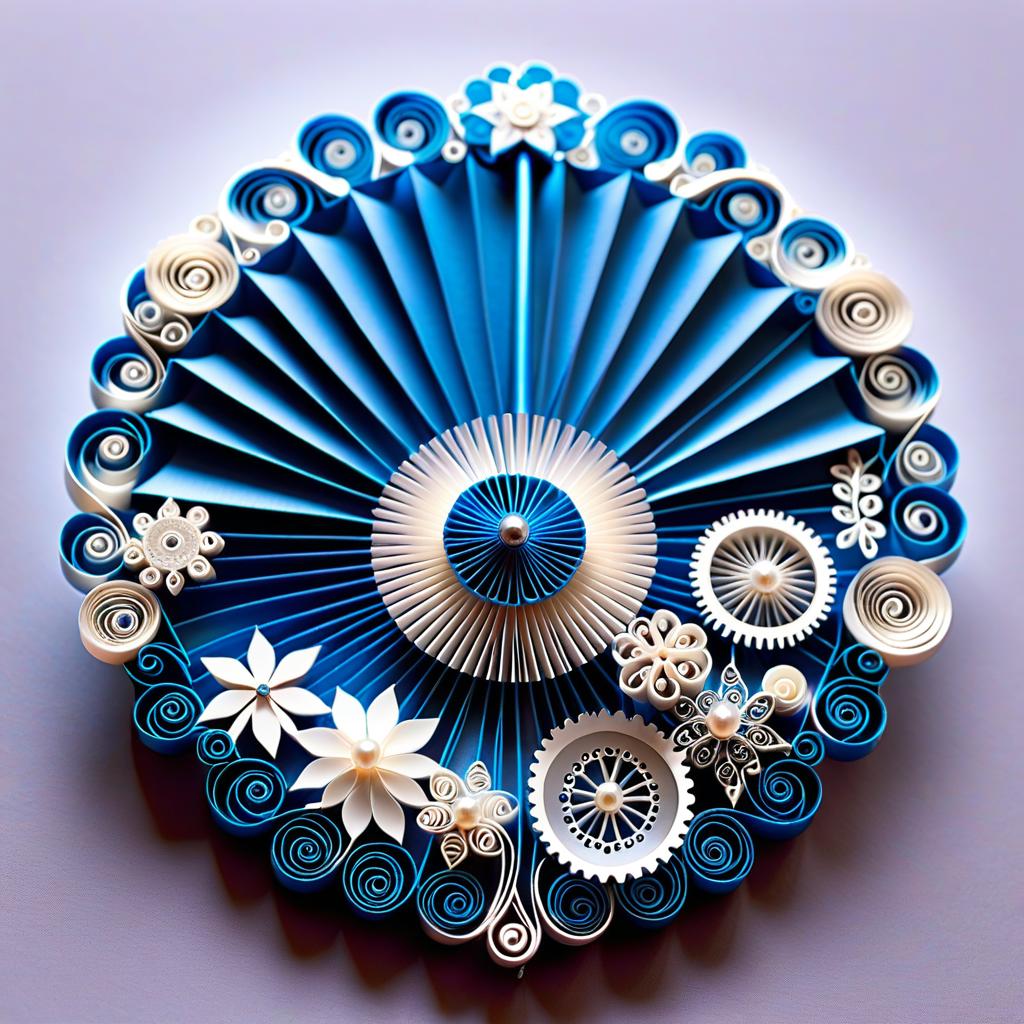  paper quilling art of (Ladies fan, winter design): colour silver blue, decorated with stars, snowflakes, frost. (Gears and shaft): silver pearl colour. (Pin): in the form of an ice cube. Empire, fantasy, baroque. . intricate, delicate, curling, rolling, shaping, coiling, loops, 3D, dimensional, ornamental hyperrealistic, full body, detailed clothing, highly detailed, cinematic lighting, stunningly beautiful, intricate, sharp focus, f/1. 8, 85mm, (centered image composition), (professionally color graded), ((bright soft diffused light)), volumetric fog, trending on instagram, trending on tumblr, HDR 4K, 8K