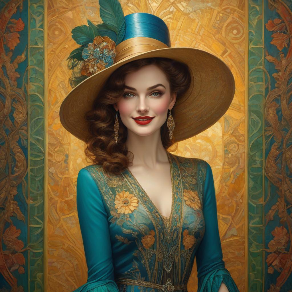  Art Deco style Masterpiece, (oil painting: 1.3), Art Deco, retro, portrait of a beautiful European lady in a hat and a long dress, Art Deco fashion, with a happy smile, art in the style of Helen Lam, vibrant background with brown hues in the style of Gustav Klimt, highly detailed, complex, with many details and patterns, red, blue, green, yellow colors. . geometric shapes, bold colors, luxurious, elegant, decorative, symmetrical, ornate, detailed hyperrealistic, full body, detailed clothing, highly detailed, cinematic lighting, stunningly beautiful, intricate, sharp focus, f/1. 8, 85mm, (centered image composition), (professionally color graded), ((bright soft diffused light)), volumetric fog, trending on instagram, trending on tumblr, HDR 4K, 8K