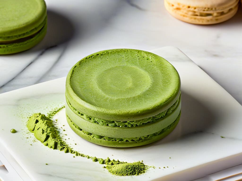  A closeup, ultradetailed image of a delicate, perfectly crafted matcha green tea macaron resting on a marble countertop. The macaron is dusted with vibrant green matcha powder, showcasing a flawless smooth surface and intricate ridges along the edges. The natural light coming from a nearby window highlights the subtle variations in color and texture, creating a mesmerizing play of shadows and reflections on the surface below. hyperrealistic, full body, detailed clothing, highly detailed, cinematic lighting, stunningly beautiful, intricate, sharp focus, f/1. 8, 85mm, (centered image composition), (professionally color graded), ((bright soft diffused light)), volumetric fog, trending on instagram, trending on tumblr, HDR 4K, 8K