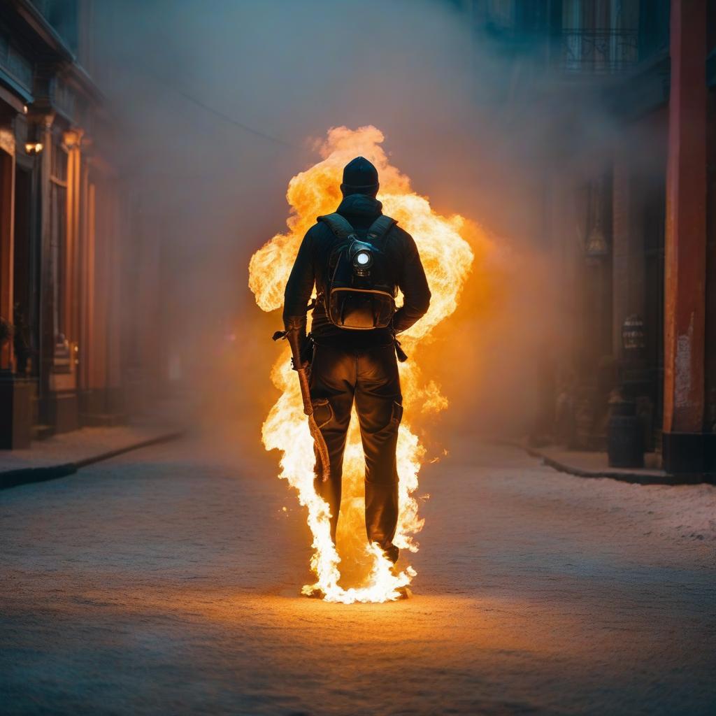  A person with a torch in front of themselves, an abstract scene. hyperrealistic, full body, detailed clothing, highly detailed, cinematic lighting, stunningly beautiful, intricate, sharp focus, f/1. 8, 85mm, (centered image composition), (professionally color graded), ((bright soft diffused light)), volumetric fog, trending on instagram, trending on tumblr, HDR 4K, 8K