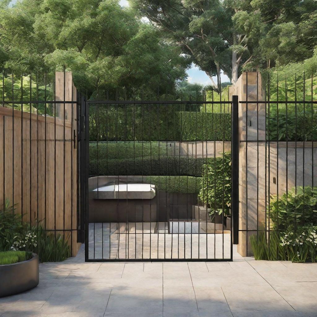  masterpiece, best quality,Make a square outdoor reservoir of 16 * 12 meters, surround the reservoir with protective iron fence, and landscape design drawing with iron wire above the fence