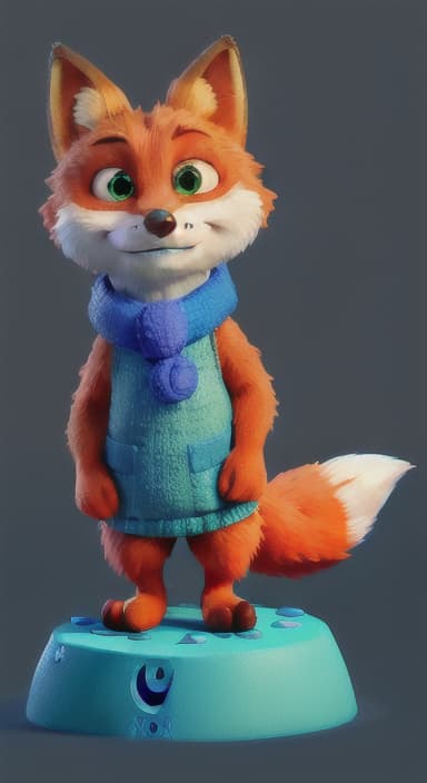  {Error the fox pressing the blue button with his paw, looking puzzled as nothing occurs., Error is a small, bright orange fox with a fluffy tail and big, inquisitive eyes. He has a mischievous yet kind expression and wears a tiny green scarf.