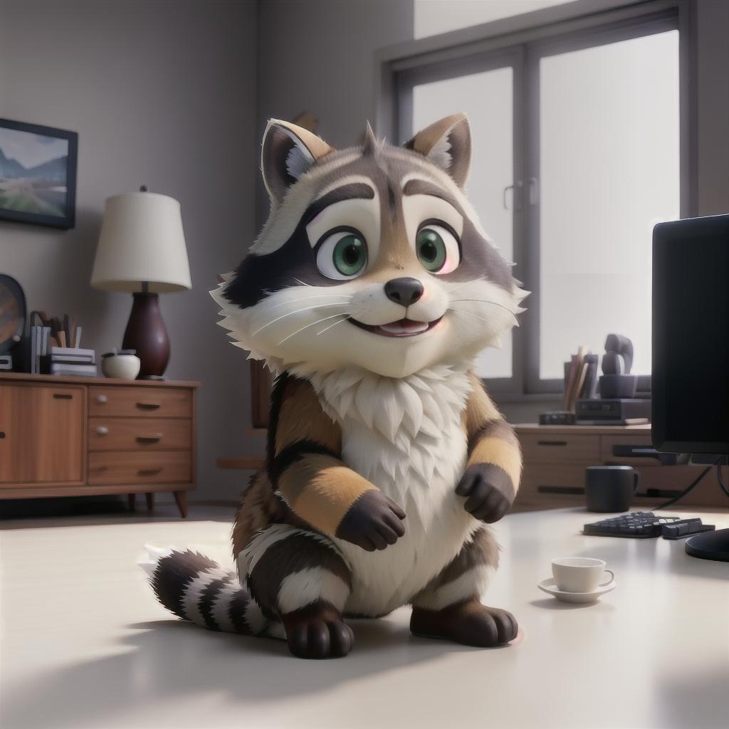  raccoon sitting in gaming chair front a computer on desktop, ((semi anthropomorphic)),(full body), tail, belly, sitting, fat, (chubby), (((white background))), solo, desktop, gaming chair, side view,  [[[clothes]]] hyperrealistic, full body, detailed clothing, highly detailed, cinematic lighting, stunningly beautiful, intricate, sharp focus, f/1. 8, 85mm, (centered image composition), (professionally color graded), ((bright soft diffused light)), volumetric fog, trending on instagram, trending on tumblr, HDR 4K, 8K