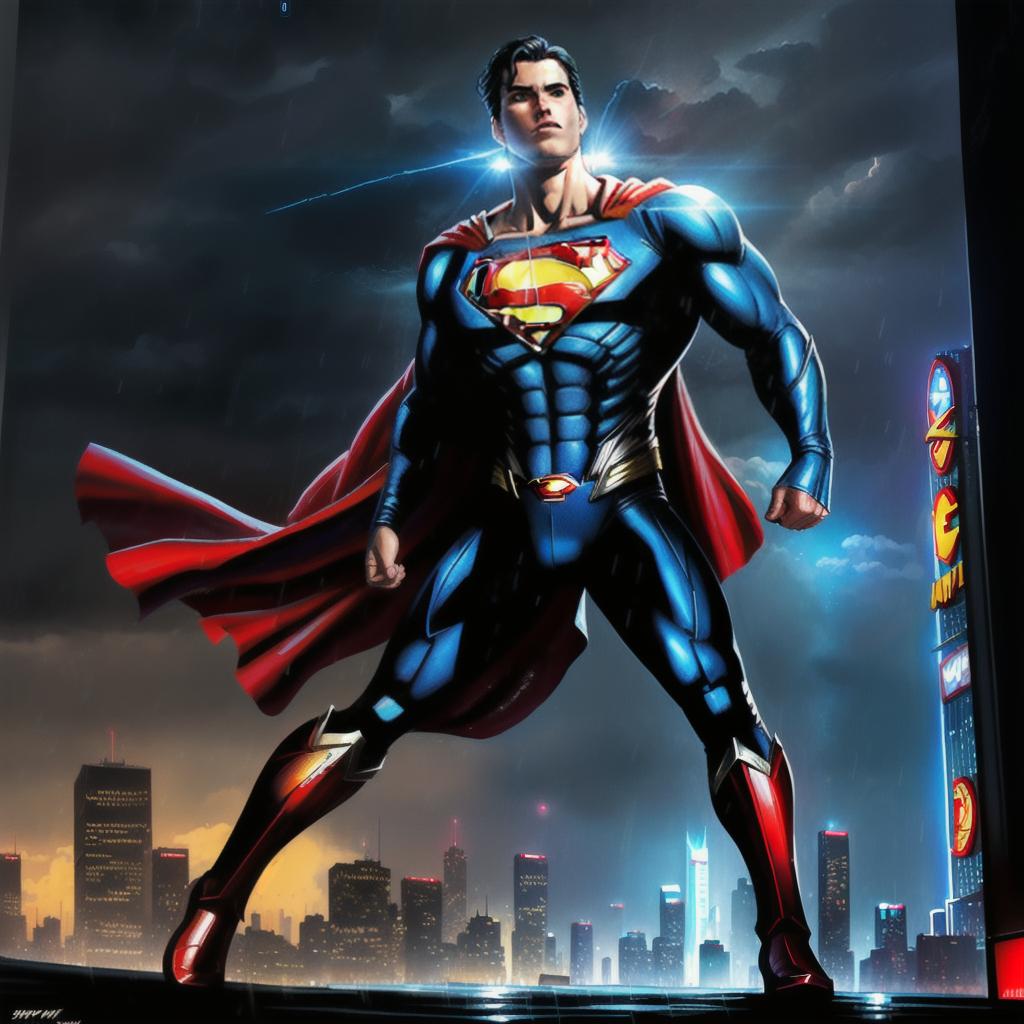  full body superman in a superhero pose in a city background. Comic book style, highly detailed, award winning, raining, oil painting, cyberpunk