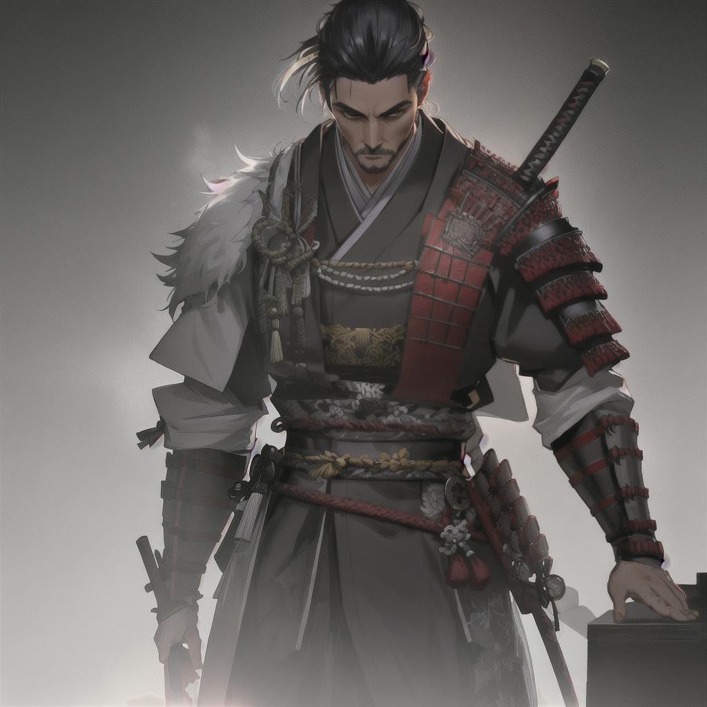  male samurai hyperrealistic, full body, detailed clothing, highly detailed, cinematic lighting, stunningly beautiful, intricate, sharp focus, f/1. 8, 85mm, (centered image composition), (professionally color graded), ((bright soft diffused light)), volumetric fog, trending on instagram, trending on tumblr, HDR 4K, 8K