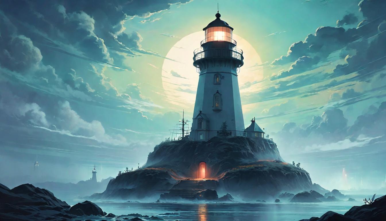  retro futuristic A lighthouse beaming through fog towards a distant, glowing horizon guidance, clearing past obligations lvintage sci fi, 50s and 60s style, atomic age, vibrant, highly detailed