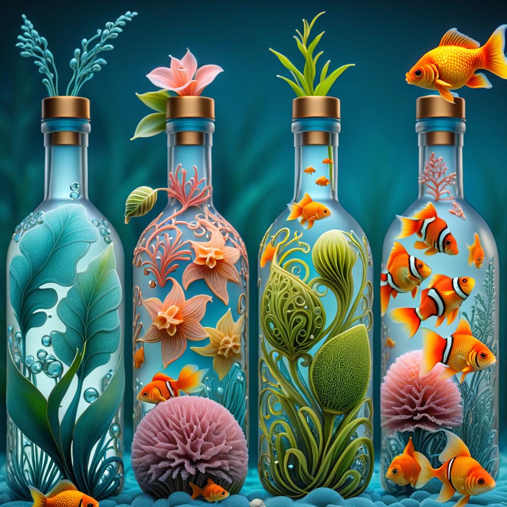  zentangle (Background)::blue. On blue background decorative sea water bottles with air bubbles, grass, sea flowers:pink, yellow, orage, sea sponges: all shades of green, goldfish. (Style) :marine, fantasy, underwater landscape genre, marinistas. . intricate, abstract, monochrome, patterns, meditative, highly detailed hyperrealistic, full body, detailed clothing, highly detailed, cinematic lighting, stunningly beautiful, intricate, sharp focus, f/1. 8, 85mm, (centered image composition), (professionally color graded), ((bright soft diffused light)), volumetric fog, trending on instagram, trending on tumblr, HDR 4K, 8K