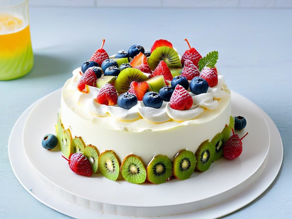  An 8k ultradetailed image of a vibrant Pavlova dessert topped with a colorful array of fresh berries and sliced kiwi, resting on a sleek, minimalistic white plate. The meringue base is perfectly crisp on the outside, with a light and fluffy interior, adorned with a generous dollop of whipped cream. The berries glisten with freshness, showcasing a variety of shades from deep red strawberries to plump blueberries and vibrant raspberries, while the kiwi adds a pop of green to the composition. The image captures the dessert from a slightly elevated angle, emphasizing the textures and colors of the ingredients in exquisite detail. hyperrealistic, full body, detailed clothing, highly detailed, cinematic lighting, stunningly beautiful, intricate, sharp focus, f/1. 8, 85mm, (centered image composition), (professionally color graded), ((bright soft diffused light)), volumetric fog, trending on instagram, trending on tumblr, HDR 4K, 8K