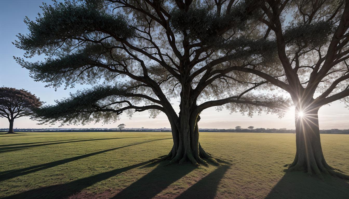  cinematic, aesthetic, Tree with deep roots and sprawling branches, detailed bark and leaves, roots intertwined with heart shapes, branches crisscrossing to form a protective canopy, growth, nurturing, core values, 4k, HDR, lens flare