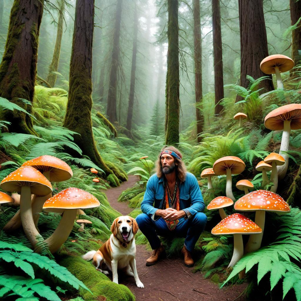  An image of a hippy man tripping on mushrooms in the lush woods of Northern California. The hippy is visually entranced and having a psychedelic experience, with vibrant colors and possibly visual distortions representing his trip. He is accompanied by his loyal dog, which is calmly staying by his side. The surroundings are peaceful, with tall trees, ferns, and the soft light of the woods contributing to the serene yet trippy atmosphere. hyperrealistic, full body, detailed clothing, highly detailed, cinematic lighting, stunningly beautiful, intricate, sharp focus, f/1. 8, 85mm, (centered image composition), (professionally color graded), ((bright soft diffused light)), volumetric fog, trending on instagram, trending on tumblr, HDR 4K, 8K