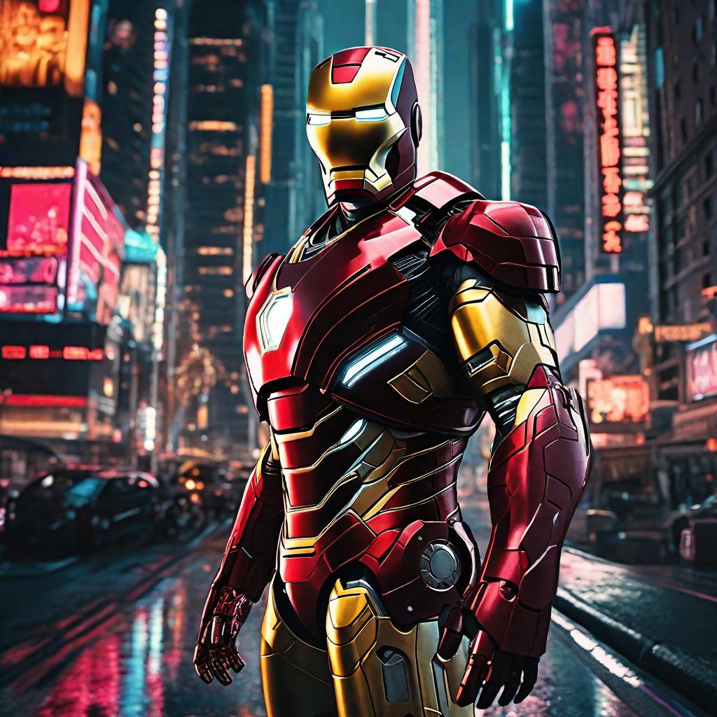  masterpiece, best quality, masterpiece, 8k resolution, realistic, highly detailed, Iron Man close-up. He stands on a street lined with tall buildings in a cyberpunk style city at night. The city's night lights are bright, and the surrounding buildings and streets are full of cyberpunk elements such as neon lights, high-tech equipment and futuristic architectural design.