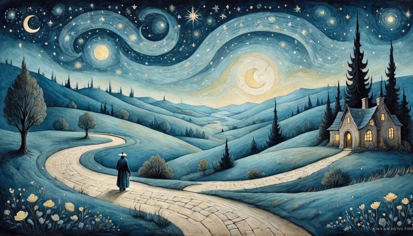  on parchment, surrealism+++, A lone figure walking on a winding path through a starry night, soft starlight, solitary, hopeful(mysterious, provocative, symbolic,muted color)+++