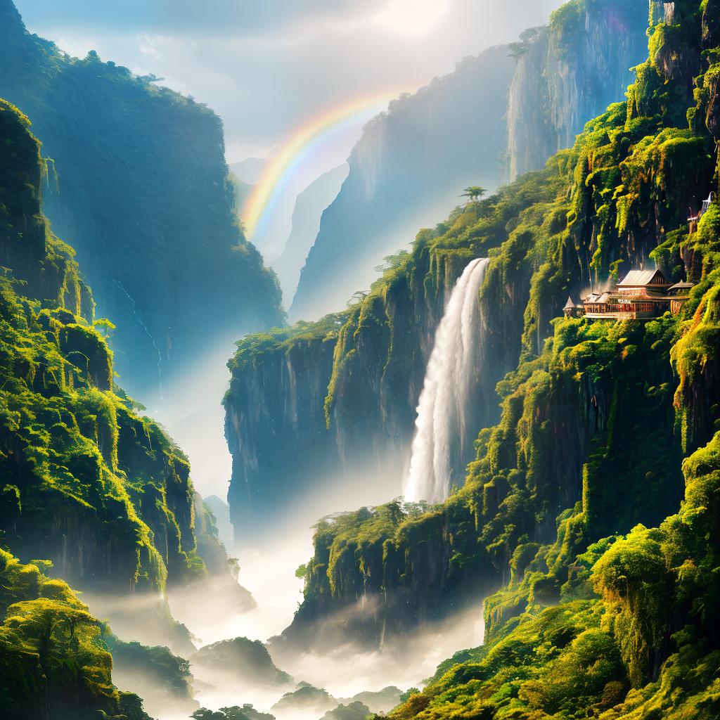  ((masterpiece)),(((best quality))), 8k, high detailed, ultra-detailed. An enchanting waterfall cascading down a cliff, (a rainbow) arching over the waterfall, (a hidden cave) behind the falling water, (a colorful butterfly) fluttering nearby, (a lush tropical jungle) surrounding the waterfall, (sun rays) piercing through the mist, creating a surreal atmosphere. hyperrealistic, full body, detailed clothing, highly detailed, cinematic lighting, stunningly beautiful, intricate, sharp focus, f/1. 8, 85mm, (centered image composition), (professionally color graded), ((bright soft diffused light)), volumetric fog, trending on instagram, trending on tumblr, HDR 4K, 8K