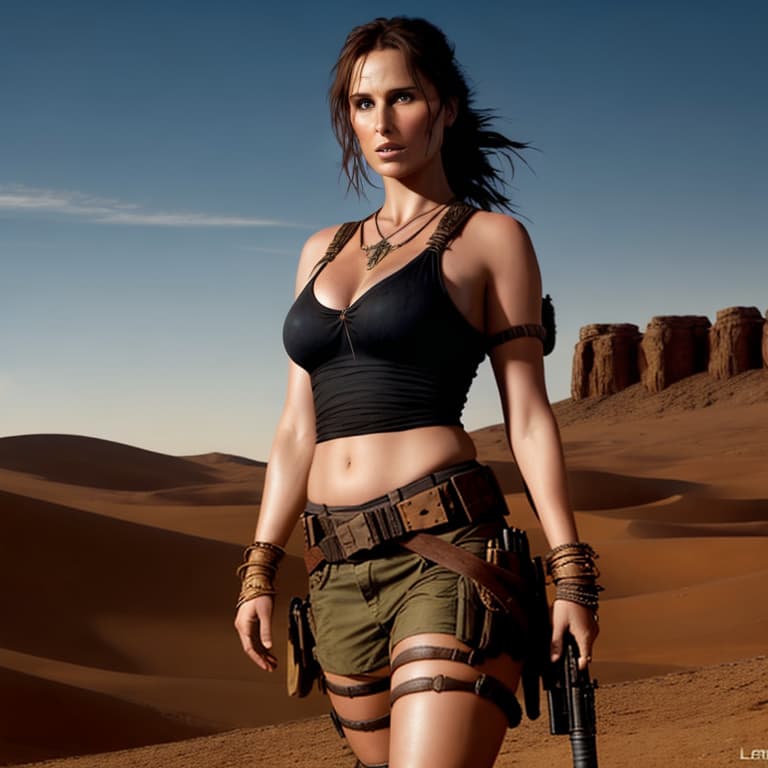  background of an hot desert at daylight, big sun, with lara croft/sharon den adel, woman cover in desertic clothes