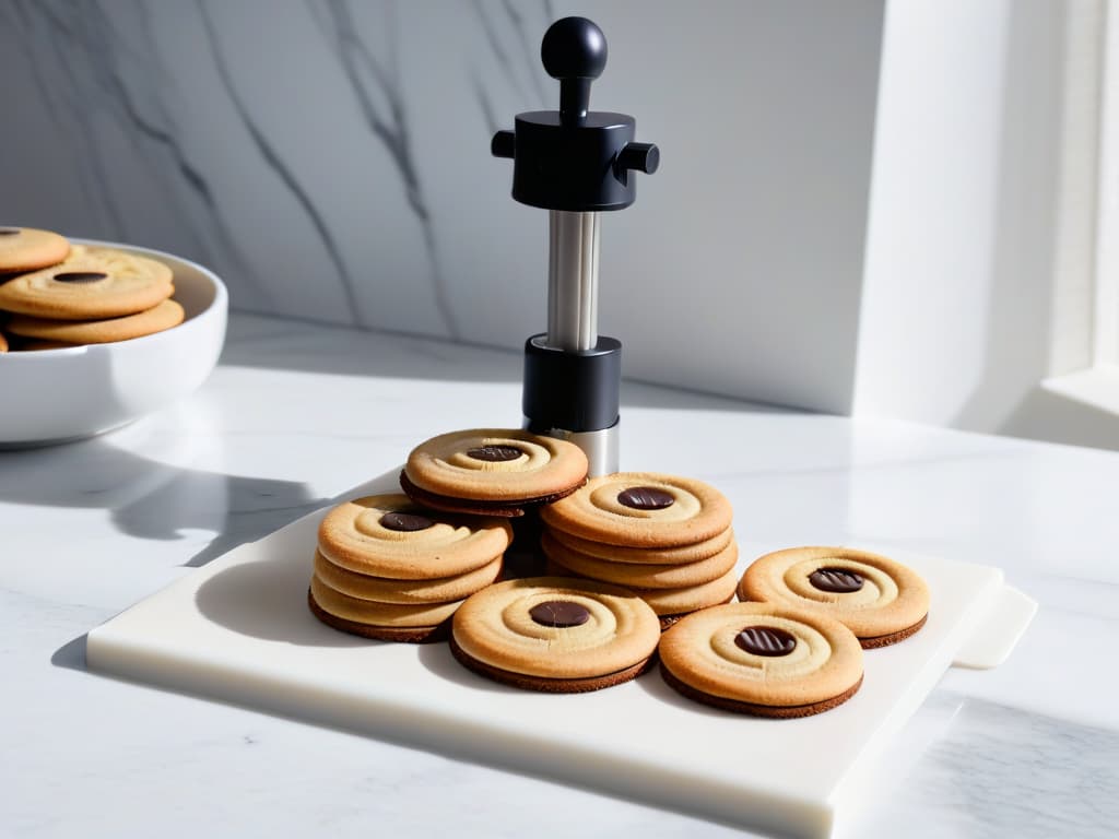  An 8k ultradetailed image of a closeup shot of a sleek, modern cookie press with intricate and precise design discs laid out neatly next to it on a white marble countertop. The cookie press shines under the soft, natural light coming in from a nearby window, highlighting its precision engineering and elegant design. The image exudes a sense of sophistication and precision, perfect for illustrating the concept of creating uniform and spectacular cookie designs effortlessly. hyperrealistic, full body, detailed clothing, highly detailed, cinematic lighting, stunningly beautiful, intricate, sharp focus, f/1. 8, 85mm, (centered image composition), (professionally color graded), ((bright soft diffused light)), volumetric fog, trending on instagram, trending on tumblr, HDR 4K, 8K