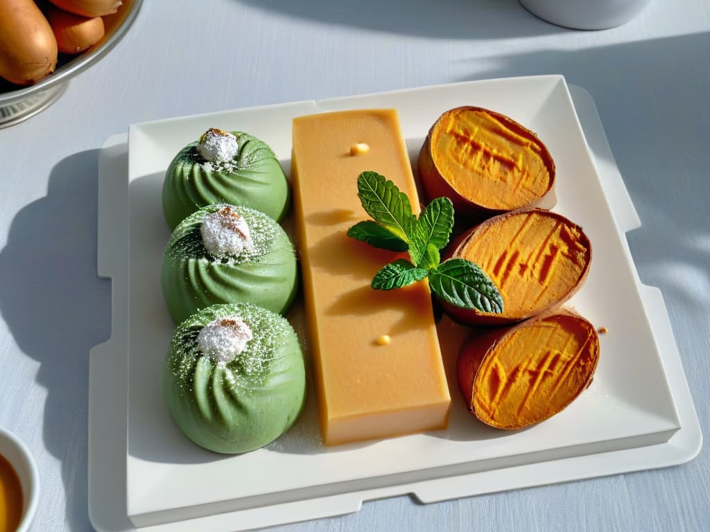  An intricately designed, overhead shot of a beautifully arranged platter of traditional sweet potato desserts, showcasing a variety of delectable treats such as camote enmielado, camote cristalizado, camote glaseado, and camote con leche. The desserts are elegantly garnished with delicate mint leaves and a sprinkle of cinnamon, adding a touch of sophistication to the rustic charm of the traditional dishes. The play of light and shadow creates a visually striking composition, highlighting the vibrant colors and textures of the sweet potatobased treats. hyperrealistic, full body, detailed clothing, highly detailed, cinematic lighting, stunningly beautiful, intricate, sharp focus, f/1. 8, 85mm, (centered image composition), (professionally color graded), ((bright soft diffused light)), volumetric fog, trending on instagram, trending on tumblr, HDR 4K, 8K