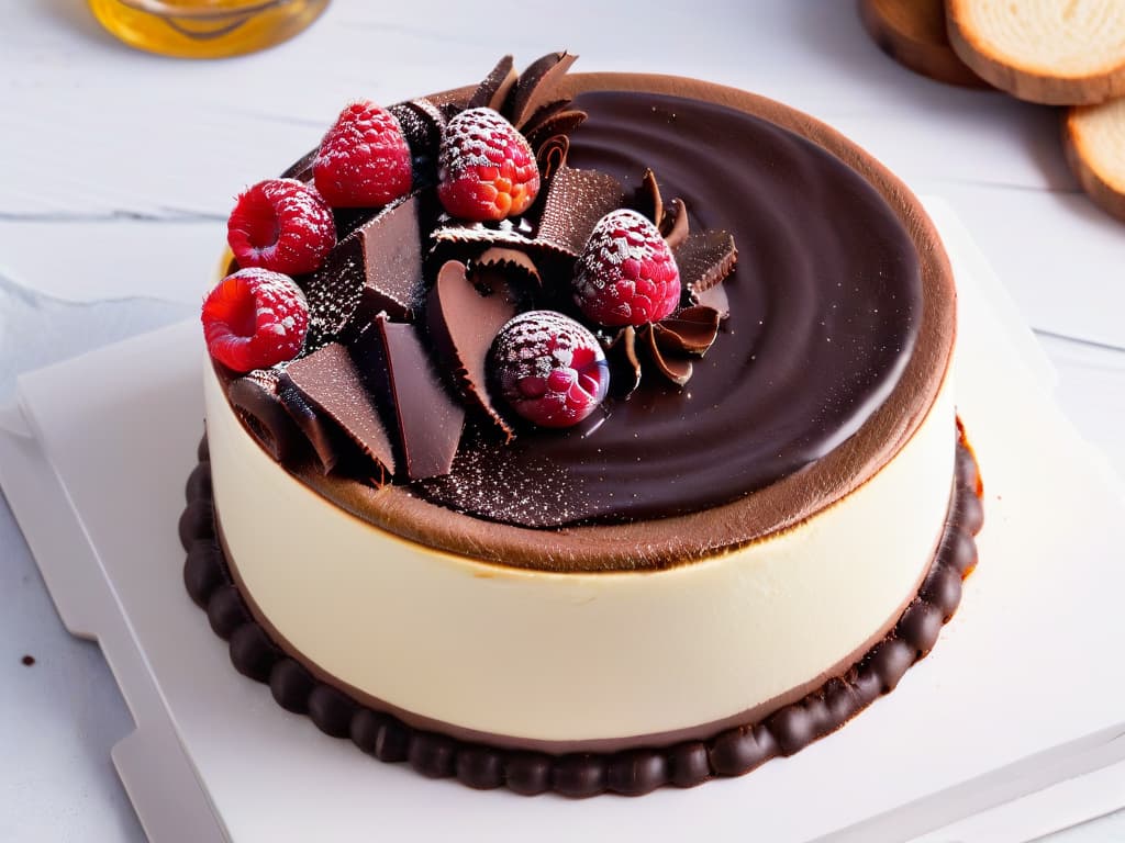  An ultradetailed closeup image of a perfectly baked cheesecake with a smooth, creamy texture, topped with a thin layer of rich dark chocolate ganache. The cheesecake is decorated with delicate chocolate shavings and fresh raspberries, creating a visually stunning and appetizing dessert. The lighting is soft, emphasizing the glossy sheen of the ganache and the vibrant red color of the raspberries, making the cheesecake look irresistibly decadent and delicious. hyperrealistic, full body, detailed clothing, highly detailed, cinematic lighting, stunningly beautiful, intricate, sharp focus, f/1. 8, 85mm, (centered image composition), (professionally color graded), ((bright soft diffused light)), volumetric fog, trending on instagram, trending on tumblr, HDR 4K, 8K