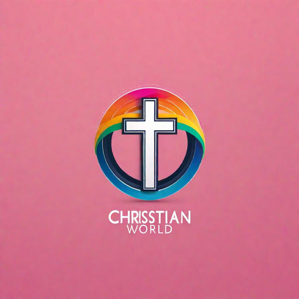  Create a brand logo for 'Christian World' that boldly incorporates the name 'Christian World' with a modern, stylish font. Include elements such as a stylized cross, rainbow colors to reflect diversity and joy, and a subtle nod to edgy styles like tattoos or piercings. The logo should have a bright and vibrant aesthetic with a pink Holy Bible incorporated to highlight the central product. Ensure the design is clean, impactful, and suitable for social media branding as well as merchandise. hyperrealistic, full body, detailed clothing, highly detailed, cinematic lighting, stunningly beautiful, intricate, sharp focus, f/1. 8, 85mm, (centered image composition), (professionally color graded), ((bright soft diffused light)), volumetric fog, trending on instagram, trending on tumblr, HDR 4K, 8K