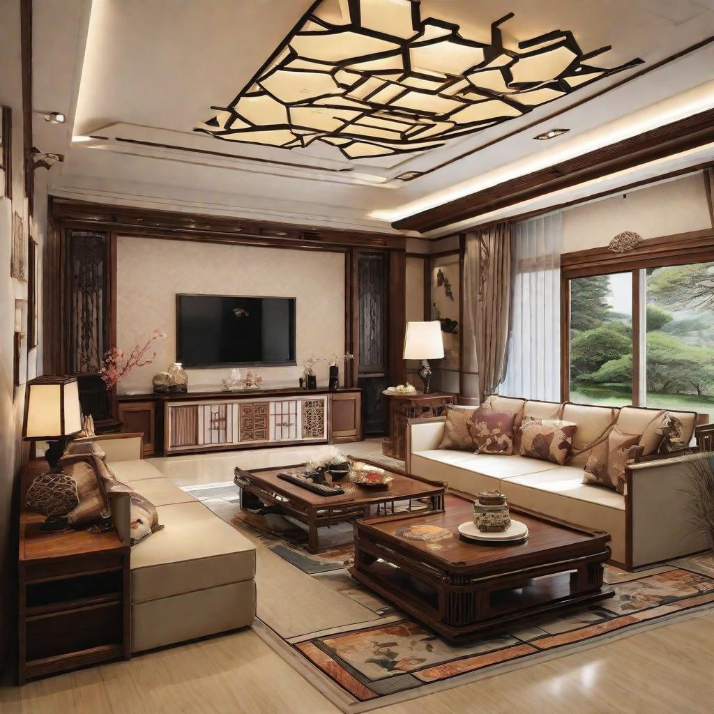  masterpiece, best quality,Japanese style living room with detailed interior decoration drawings,