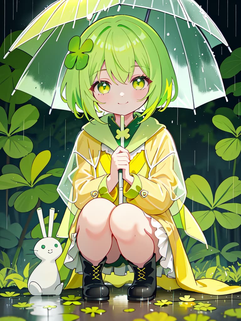  Staring at the four leaf clover with an umbrella in the rain, a yellow raincoat and a yellow green haired girl character in boots, crouching and staring at the on the ground and staring with a smile., masterpiece, best quality,8k,ultra detailed,high resolution,an extremely delicate and beautiful,hyper detail