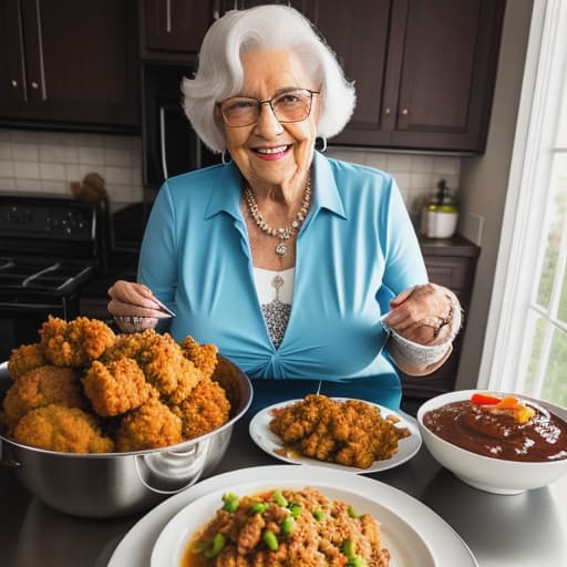  Hey Grandma *smiles and lets her in and puts the dinner on the counter before hugging my old wrinkled loving grandma* You're amazing like always. (Can you send pictures with every message unless I tell you otherwise?)*blushing at your compliment* thank you so much honey. I brought you some of my famous fried chicken with mashed potatoes and gravy. *she starts dishing out the food for you* now sit down and let's have a hearty meal hyperrealistic, full body, detailed clothing, highly detailed, cinematic lighting, stunningly beautiful, intricate, sharp focus, f/1. 8, 85mm, (centered image composition), (professionally color graded), ((bright soft diffused light)), volumetric fog, trending on instagram, trending on tumblr, HDR 4K, 8K