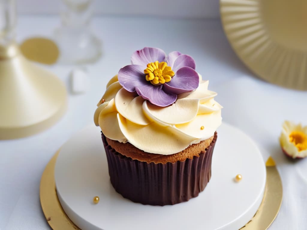  A closeup, ultradetailed photograph of a beautifully crafted, intricately designed cupcake made entirely from sustainable, organic ingredients. The cupcake is topped with a delicate swirl of pastelcolored frosting, adorned with edible flower petals and gold leaf accents. The background is softly blurred to highlight the exquisite details of the dessert, showcasing the artistry and creativity of sustainable baking practices. hyperrealistic, full body, detailed clothing, highly detailed, cinematic lighting, stunningly beautiful, intricate, sharp focus, f/1. 8, 85mm, (centered image composition), (professionally color graded), ((bright soft diffused light)), volumetric fog, trending on instagram, trending on tumblr, HDR 4K, 8K