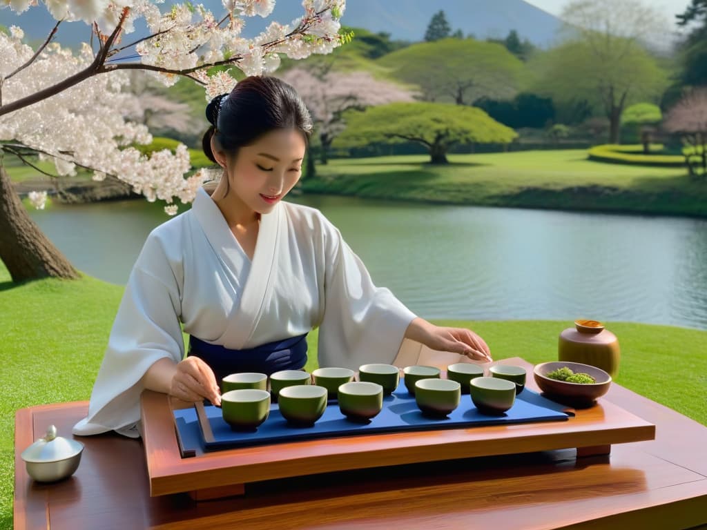  A serene and minimalistic image of a traditional Japanese tea ceremony taking place in a tranquil garden, featuring a kimonoclad hostess gracefully pouring green tea into delicate cups placed on a wooden tray. The backdrop showcases a serene landscape with blooming cherry blossom trees and a peaceful pond reflecting the clear blue sky. The scene exudes elegance, mindfulness, and the artistry of Japanese culinary culture, perfectly capturing the essence of an exclusive international culinary retreat. hyperrealistic, full body, detailed clothing, highly detailed, cinematic lighting, stunningly beautiful, intricate, sharp focus, f/1. 8, 85mm, (centered image composition), (professionally color graded), ((bright soft diffused light)), volumetric fog, trending on instagram, trending on tumblr, HDR 4K, 8K