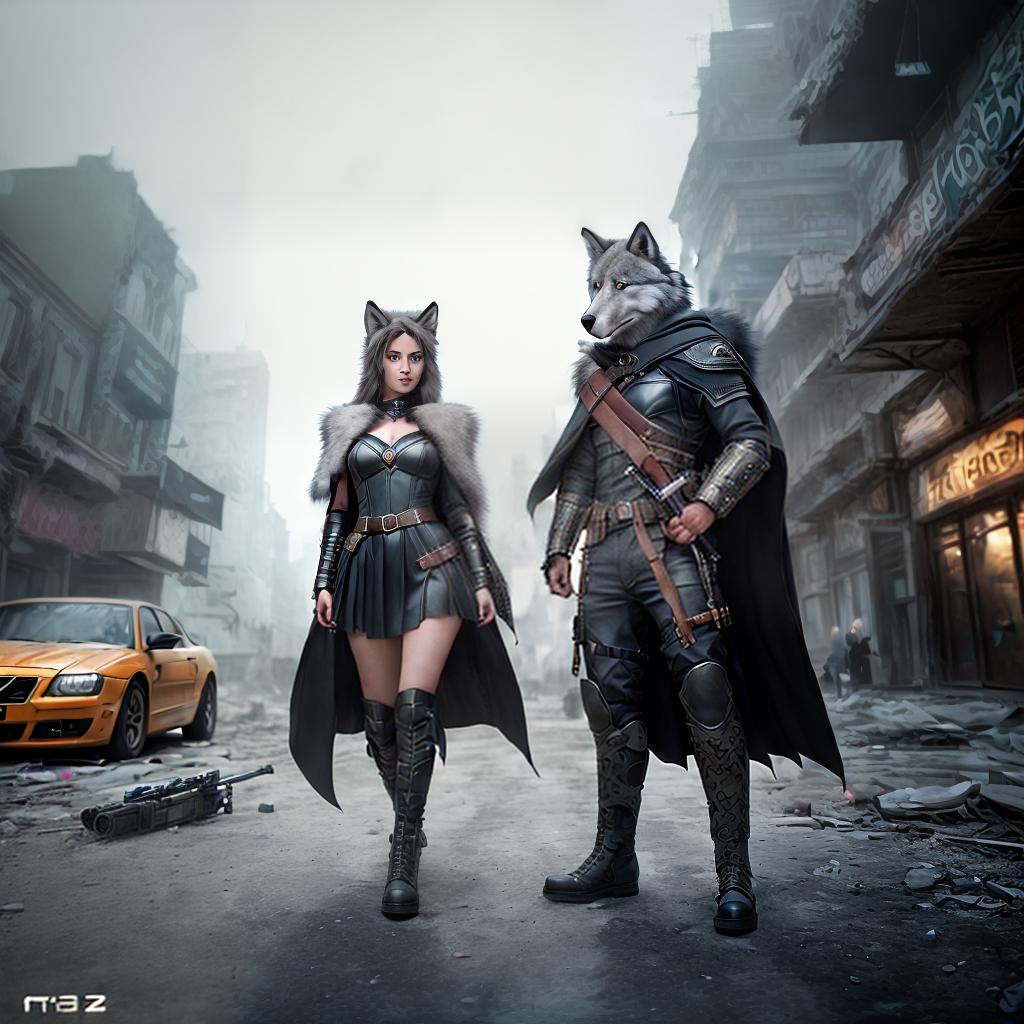  A girl and a guy in a cape in the form of a wolf skin holding an automatic Kalashnikov in an abandoned city, next to them stands a huge wolf ,highly detailed, cinematic lighting, stunningly beautiful, intricate, sharp focus, f1. 8, 85mm, (centered image composition), (professionally color graded), ((bright soft diffused light)), volumetric fog, trending on instagram, trending on tumblr, HDR 4K, 8K