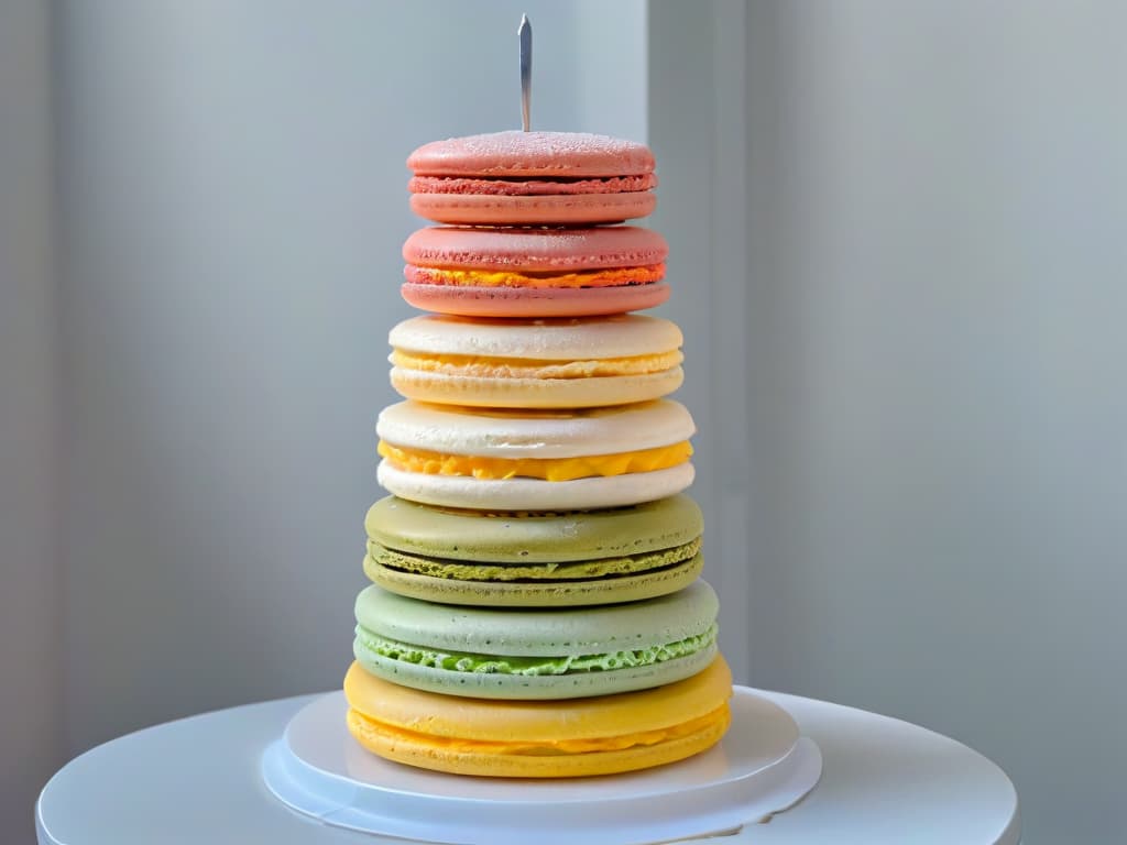  A closeup, ultradetailed image of a delicate, perfectly crafted macaron tower featuring a variety of pastel colors and flavors, with a soft, elegant background that highlights the precision and artistry of the dessert. Each macaron is flawlessly smooth, with a glossy finish, showcasing the intricate details and different flavors, inviting the viewer to explore the world of flavor combinations in pastry. hyperrealistic, full body, detailed clothing, highly detailed, cinematic lighting, stunningly beautiful, intricate, sharp focus, f/1. 8, 85mm, (centered image composition), (professionally color graded), ((bright soft diffused light)), volumetric fog, trending on instagram, trending on tumblr, HDR 4K, 8K