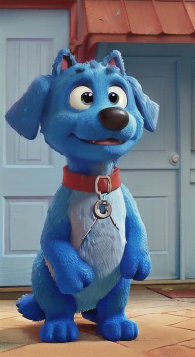  {Max the big blue dog standing in front of a cozy little house with a red door, The big blue dog is large with sky blue fur, big round eyes, a black nose, and floppy ears.