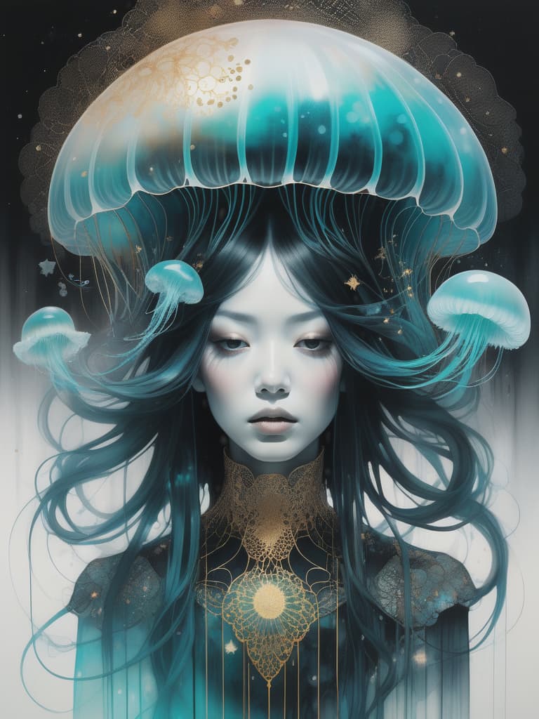  photo RAW, (Black, petrol and neon turquoise : Portrait of a ghostly jellyfish woman, shiny aura, highly detailed, gold filigree, intricate motifs, organic tracery, by Android jones, Januz Miralles, Hikari Shimoda, glowing stardust by W. Zelmer, perfect composition, smooth, sharp focus, sparkling particles, lively coral reef and stars in the background Realistic, realism, hd, 35mm photograph, 8k), masterpiece, award winning photography, natural light, perfect composition, high detail, hyper realistic, High definition hyperrealistic, full body, detailed clothing, highly detailed, cinematic lighting, stunningly beautiful, intricate, sharp focus, f/1. 8, 85mm, (centered image composition), (professionally color graded), ((bright soft diffused light)), volumetric fog, trending on instagram, trending on tumblr, HDR 4K, 8K