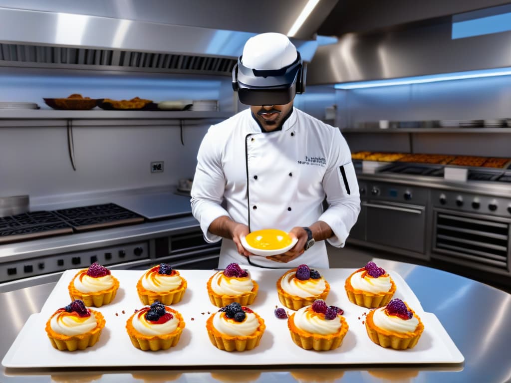  A photorealistic image depicting a professional pastry chef wearing a virtual reality headset while creating intricate and colorful pastries in a futuristic kitchen setting. The chef is surrounded by holographic recipe instructions and virtual ingredients floating around, showcasing the innovative use of virtual reality technology in pastry education. hyperrealistic, full body, detailed clothing, highly detailed, cinematic lighting, stunningly beautiful, intricate, sharp focus, f/1. 8, 85mm, (centered image composition), (professionally color graded), ((bright soft diffused light)), volumetric fog, trending on instagram, trending on tumblr, HDR 4K, 8K