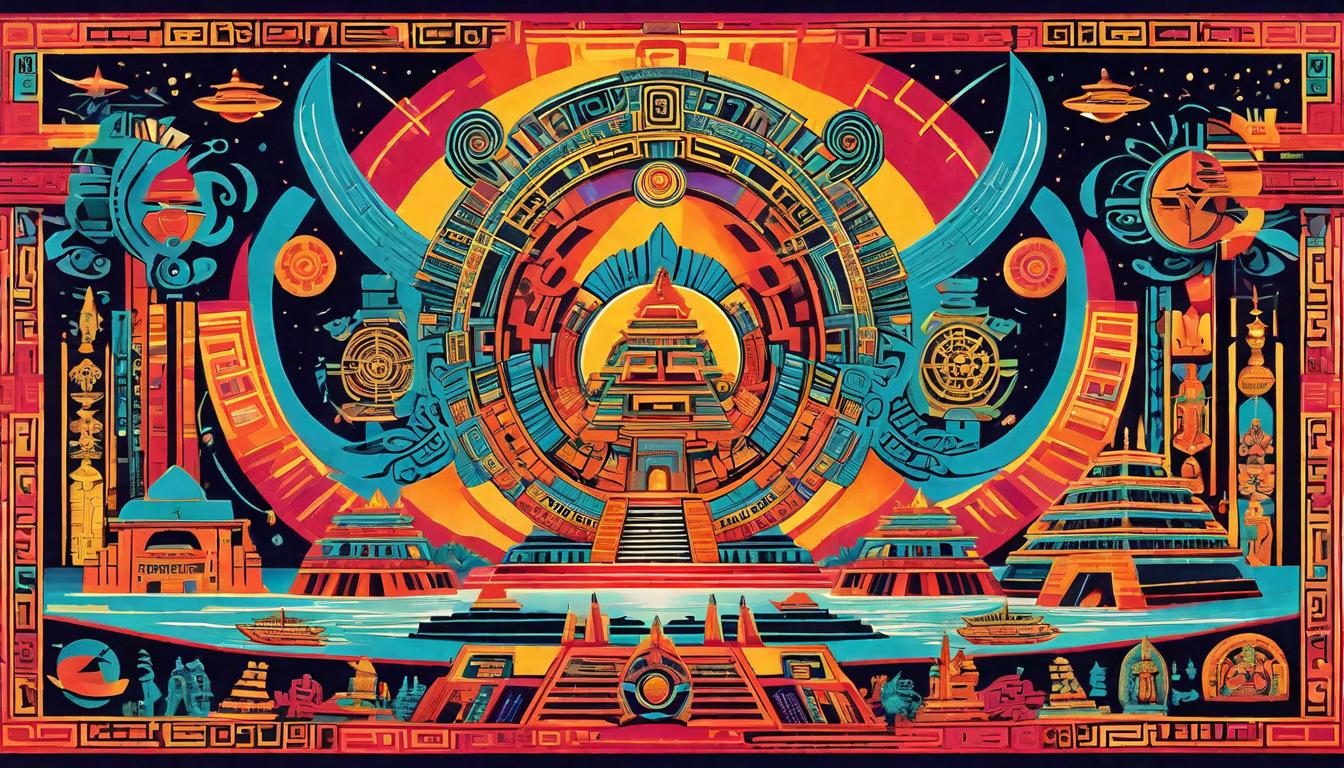  retro futuristic Rich tapestry of Mayan culture, artifacts, and glyphs telling stories of their advanced knowledge. Cultural richness, ancient legacy, profound understanding, intricate designs. lvintage sci fi, 50s and 60s style, atomic age, vibrant, highly detailed