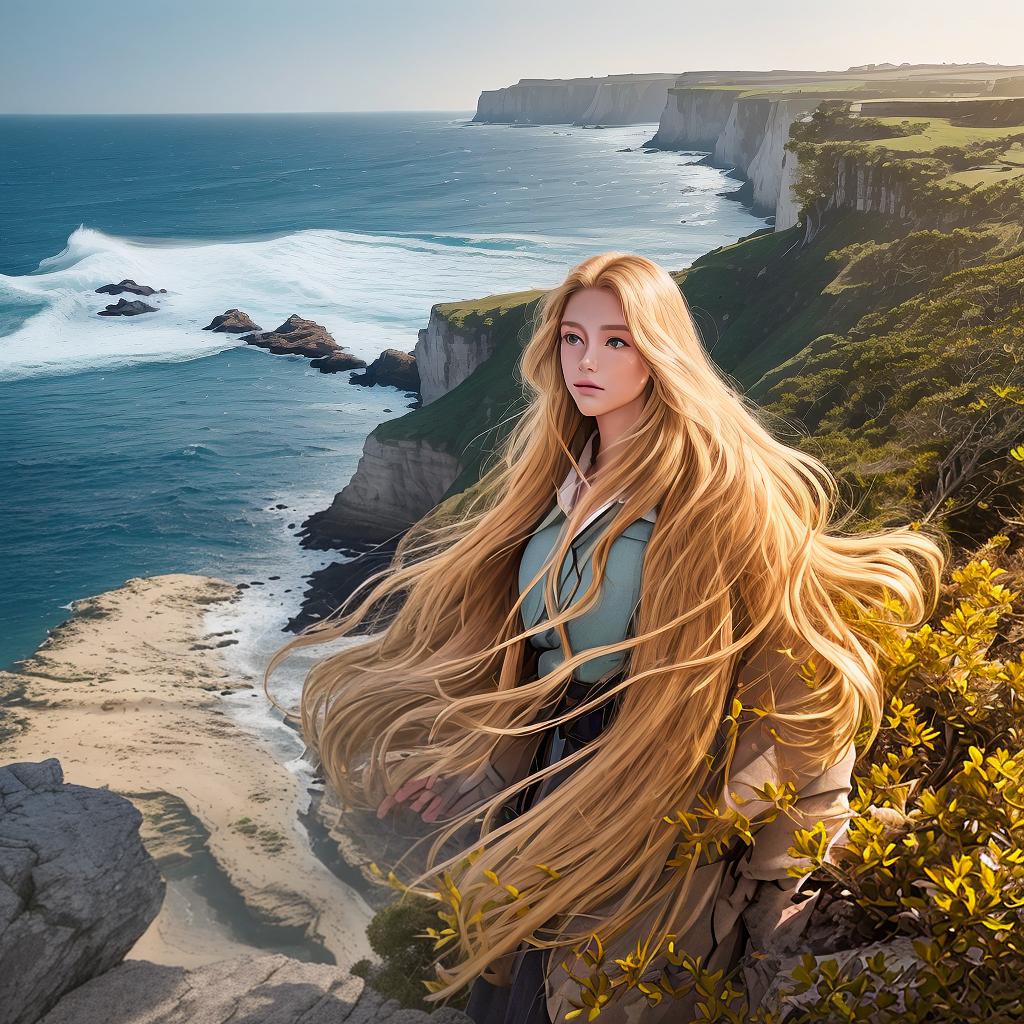  masterpiece, best quality, A stunning model with flowing golden hair stands on the edge of a cliff overlooking a vast, serene ocean. The wind gently caresses her hair as she gazes into the distance, her expression filled with a sense of longing and determination. The environment is a rugged coastal landscape, with jagged rocks and crashing waves below. The mood is one of contemplation and adventure, with a touch of melancholy. The style is a high-quality photograph, capturing the model's natural beauty and the awe-inspiring scenery. The lighting is soft, with warm sunlight casting a golden glow on the model's face and highlighting the textures of the landscape. The realization is a professional-grade DSLR camera with a wide-angle lens, capt