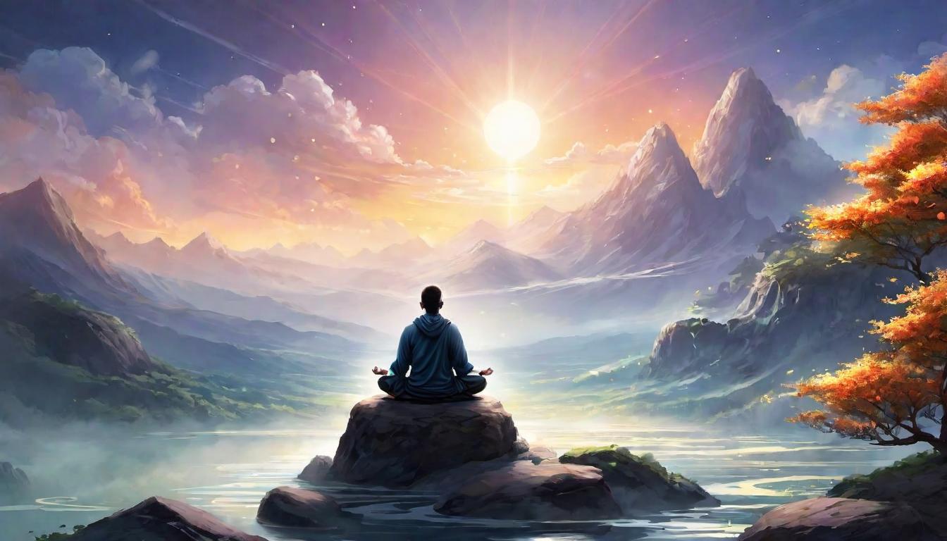  digital illustration, A figure seated in lotus position, meditative glow emanating, serene landscape backdrop, subtle energy waves radiating outward, tranquility, mindfulness, enlightened focus, looking at viewer, dynamic pose, (intricate details, masterpiece, best quality)