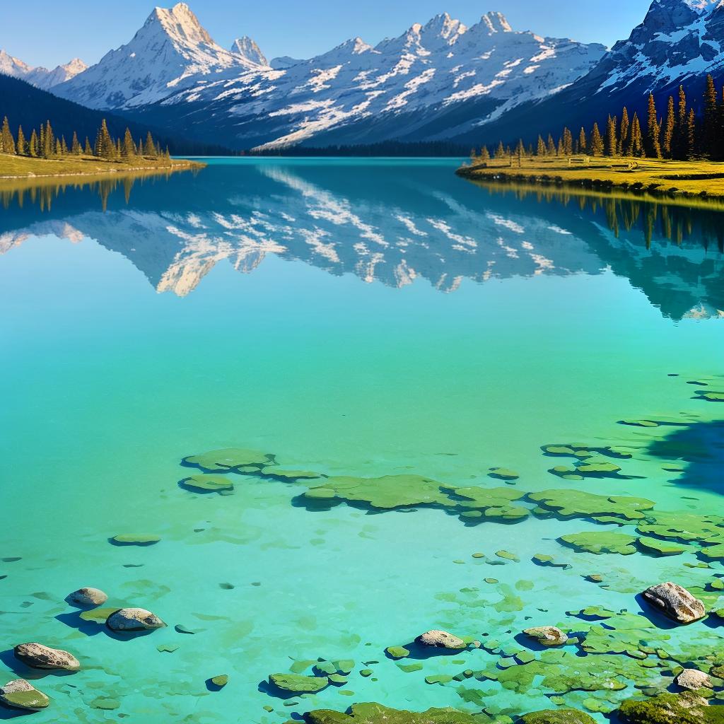  as a painting, Convey the serene majesty of towering mountains reflected in the crystal-clear waters of a tranquil alpine lake, using your unique artistic vision to evoke a sense of awe and tranquility.