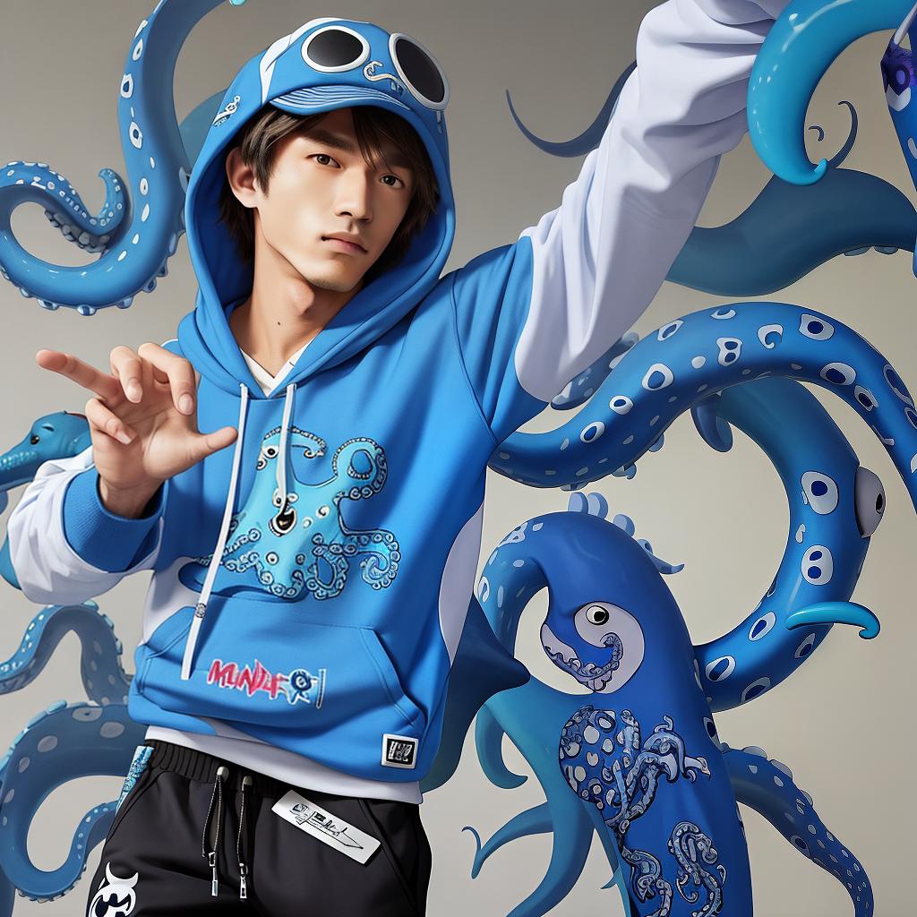  masterpiece, best quality,Graffiti blue octopus printed on hoodie and pants ,