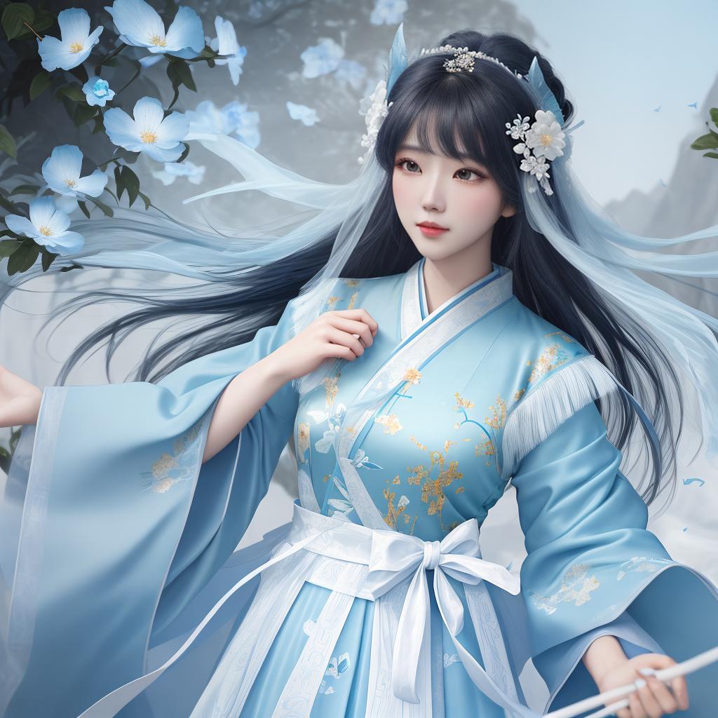  masterpiece, best quality, (Fidelity: 1.4), Best Quality, Masterpiece, Ultra High Resolution, Poster, Fantasy Art, Very Detailed Faces, 8k resolution, Chinese Style, An woman, Side Face, Quiet, Light Blue Hanfu, Tulle Coat, Long Black Hair, Light Blue Fringed Hair Ornament, Hairpin, White Ribbon, White Flower Bush, Light Blue Butterfly Flying, cinematic lighting effects