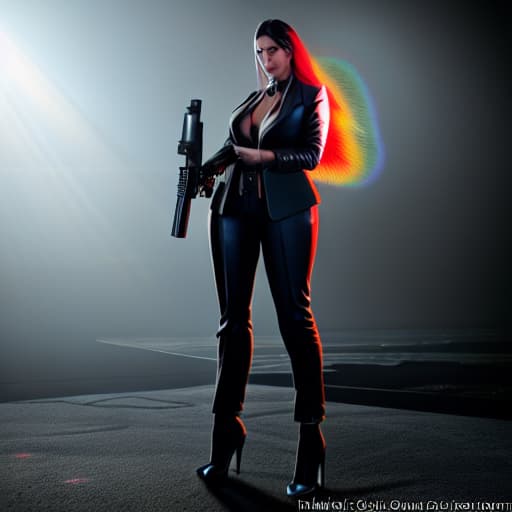  A mafioso girl is standing with a machine gun. hyperrealistic, full body, detailed clothing, highly detailed, cinematic lighting, stunningly beautiful, intricate, sharp focus, f/1. 8, 85mm, (centered image composition), (professionally color graded), ((bright soft diffused light)), volumetric fog, trending on instagram, trending on tumblr, HDR 4K, 8K