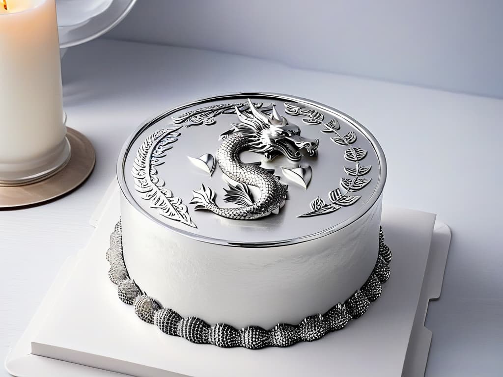  A minimalist, highlydetailed image of a sleek, silver cake stand adorned with intricate dragon motifs, reminiscent of the sigils from the noble houses in Game of Thrones. The craftsmanship is exquisite, with delicate engravings of flames and wings adding a touch of Westerosi flair to the elegant design. The shimmering metallic finish catches the light, creating a regal and enchanting atmosphere that beckons to be featured in a grand feast fit for royalty. hyperrealistic, full body, detailed clothing, highly detailed, cinematic lighting, stunningly beautiful, intricate, sharp focus, f/1. 8, 85mm, (centered image composition), (professionally color graded), ((bright soft diffused light)), volumetric fog, trending on instagram, trending on tumblr, HDR 4K, 8K